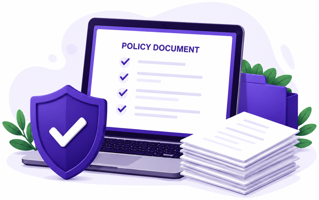 Laptop displaying a policy document with a security shield and stack of papers